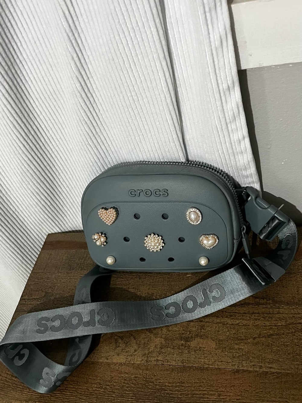 CROCS Gray Crossbody Bag with Pearl & Crystal Charms